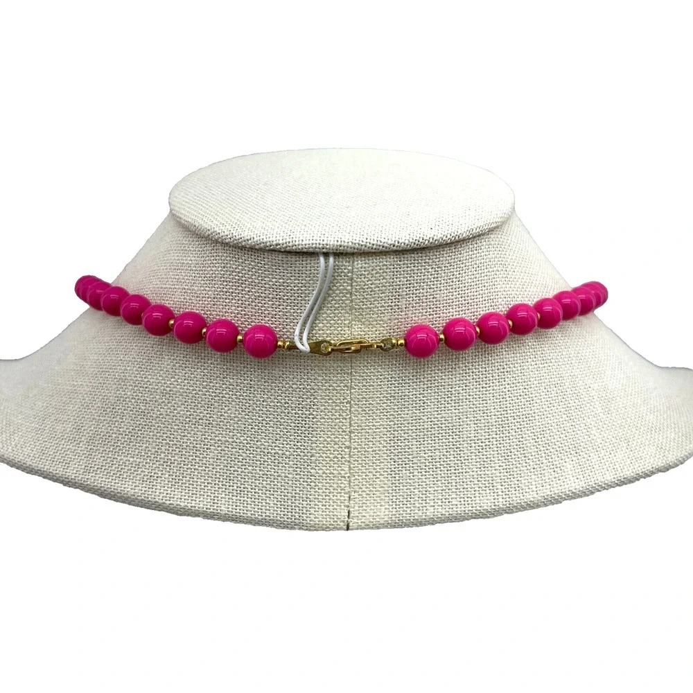 Vintage Hot Pink Beaded Necklace w/ Gold Tone Ball Spacers Fashion Jewelry 30
